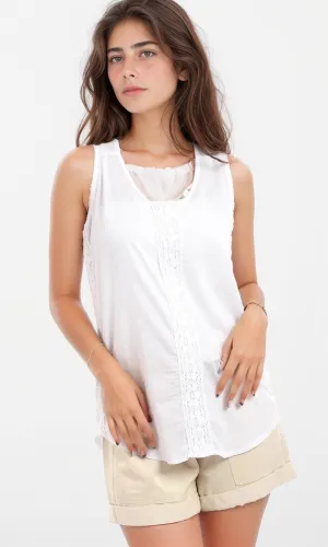 94848 Cotton Sleeveless Top With Lace Accent - White