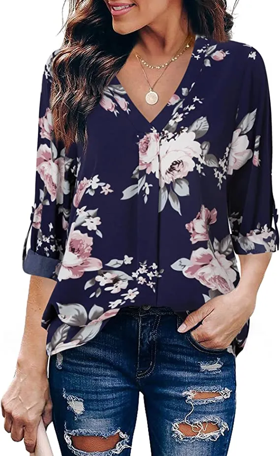 Beige Womens 3/4 Cuffed Sleeve Chiffon Printed V Neck Casual Blouse Shirt Tops - Youtalia