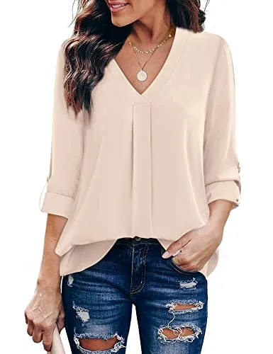 Beige Womens 3/4 Cuffed Sleeve Chiffon Printed V Neck Casual Blouse Shirt Tops - Youtalia