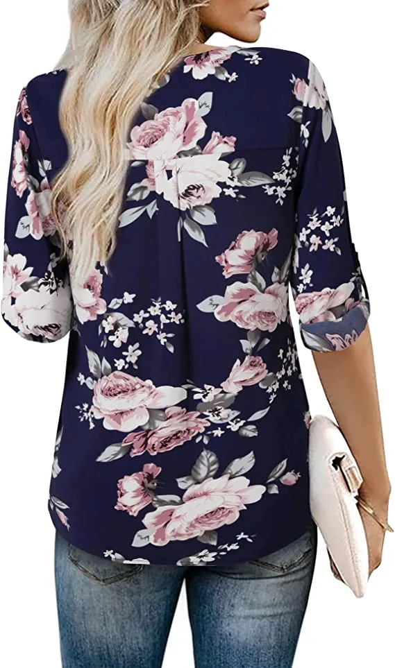 Beige Womens 3/4 Cuffed Sleeve Chiffon Printed V Neck Casual Blouse Shirt Tops - Youtalia