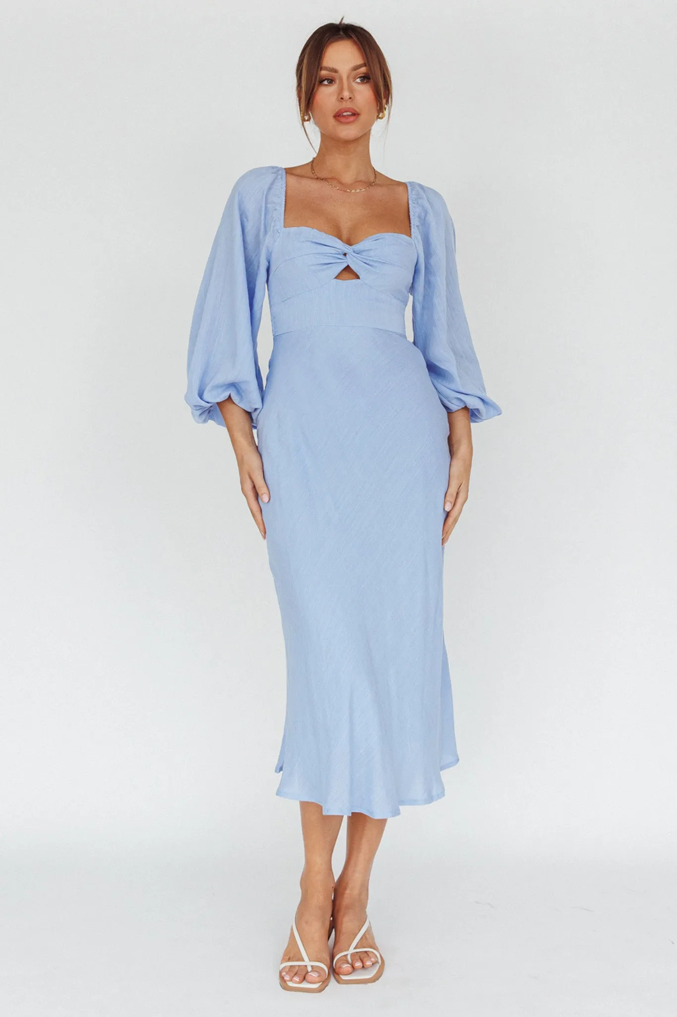 Betina Twist Bust Long Sleeve Midi Dress Blue