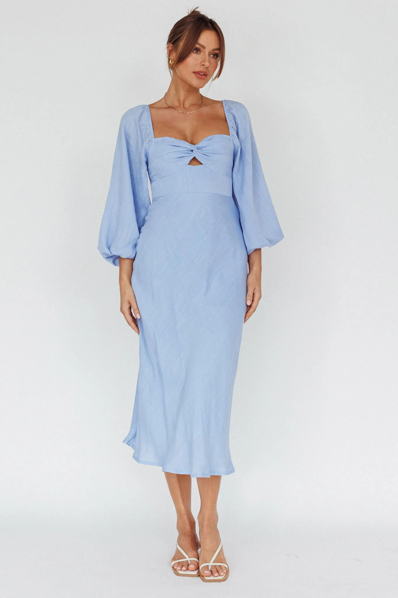 Betina Twist Bust Long Sleeve Midi Dress Blue