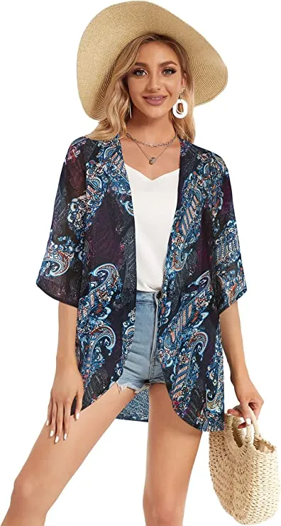 Black Green Tropical Women's Floral Print Puff Sleeve Kimono Cardigan Loose Cover Up Casual Blouse Tops - Chicgal