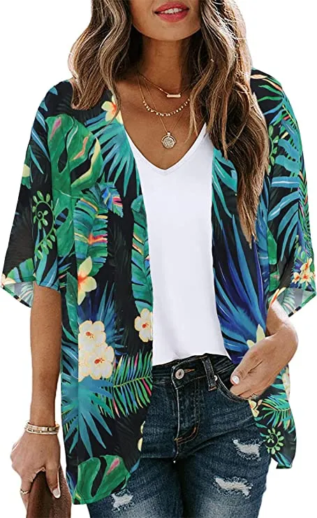 Black Green Tropical Women's Floral Print Puff Sleeve Kimono Cardigan Loose Cover Up Casual Blouse Tops - Chicgal