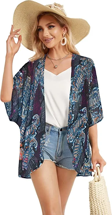 Black Green Tropical Women's Floral Print Puff Sleeve Kimono Cardigan Loose Cover Up Casual Blouse Tops - Chicgal