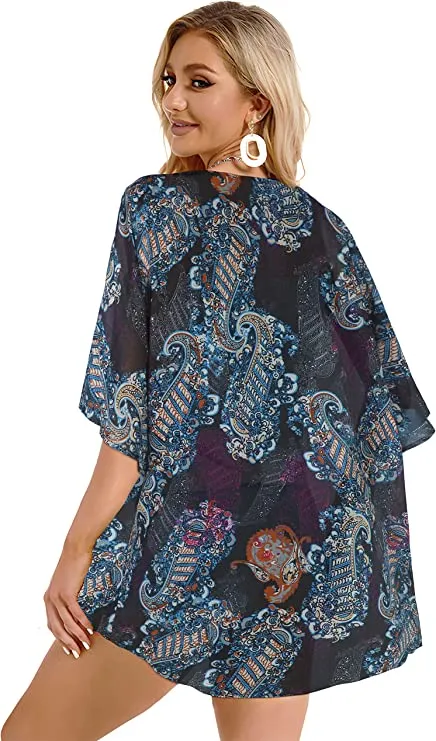 Black Green Tropical Women's Floral Print Puff Sleeve Kimono Cardigan Loose Cover Up Casual Blouse Tops - Chicgal