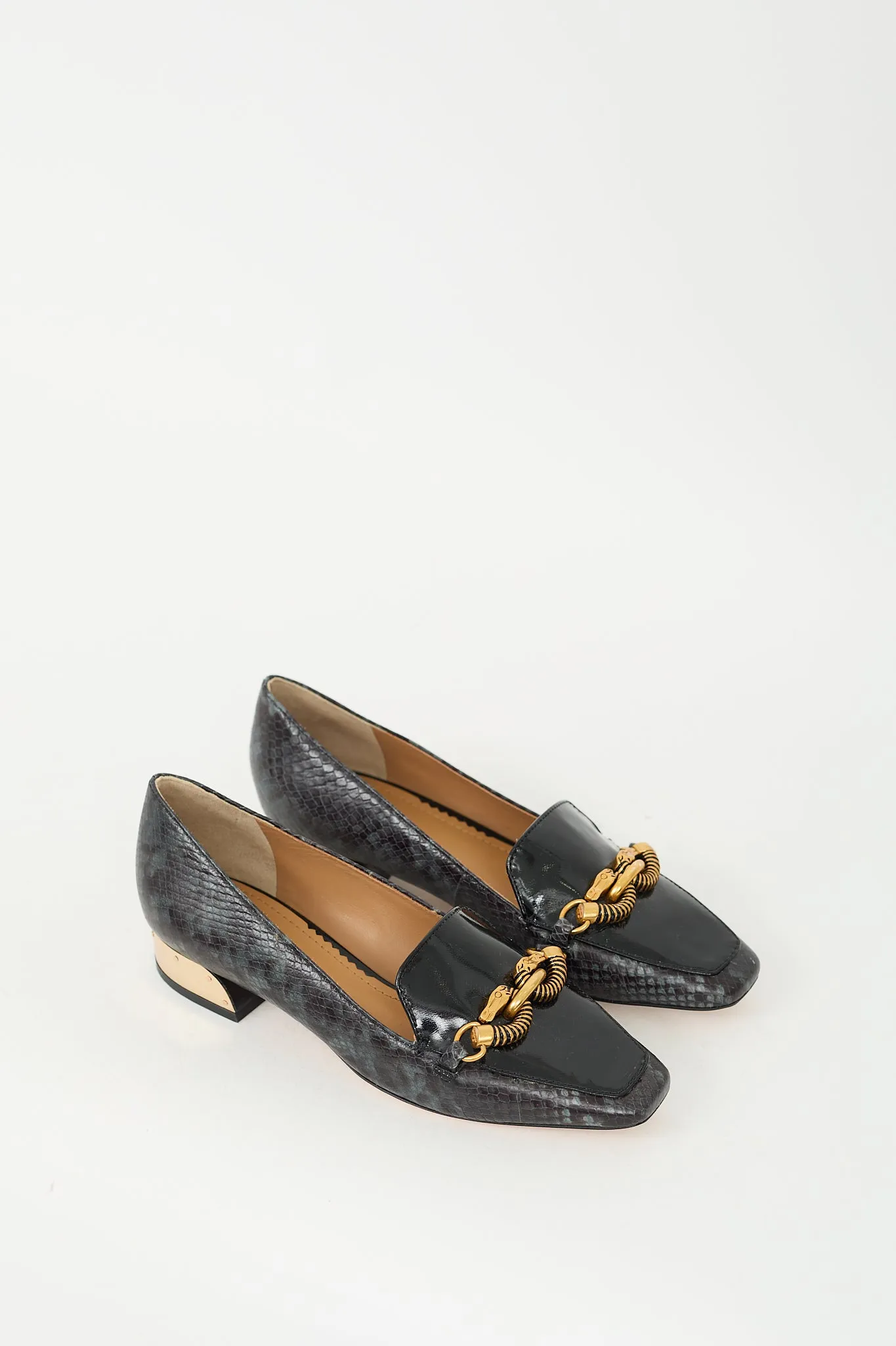 Black Patent & Textured Leather Jessa Heeled Loafer