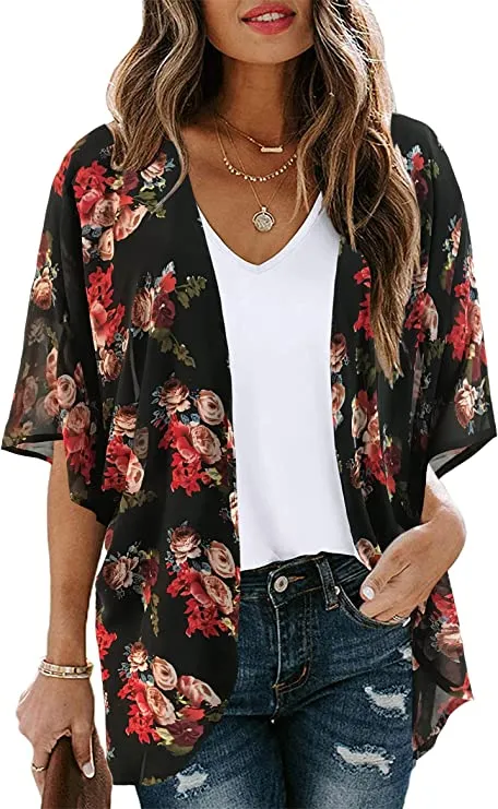 Black Red Rose Women's Floral Print Puff Sleeve Kimono Cardigan Loose Cover Up Casual Blouse Tops - Chicgal