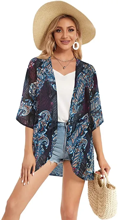 Black Red Rose Women's Floral Print Puff Sleeve Kimono Cardigan Loose Cover Up Casual Blouse Tops - Chicgal