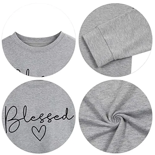 Blessed Sweatshirt for Women Letter Print Lightweight Thanksgiving Pullover Tops Blouse (Grey, Medium)