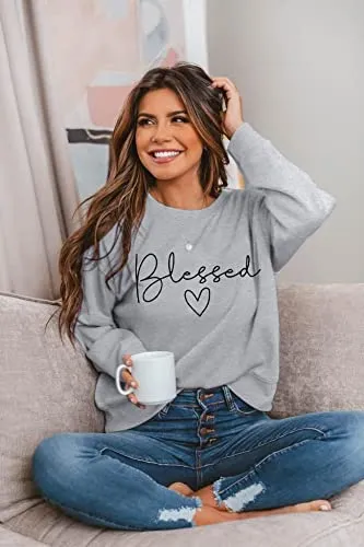 Blessed Sweatshirt for Women Letter Print Lightweight Thanksgiving Pullover Tops Blouse (Grey, Medium)