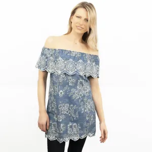 Blue Embroidered Off Shoulder Tunic Longline Women's Tops