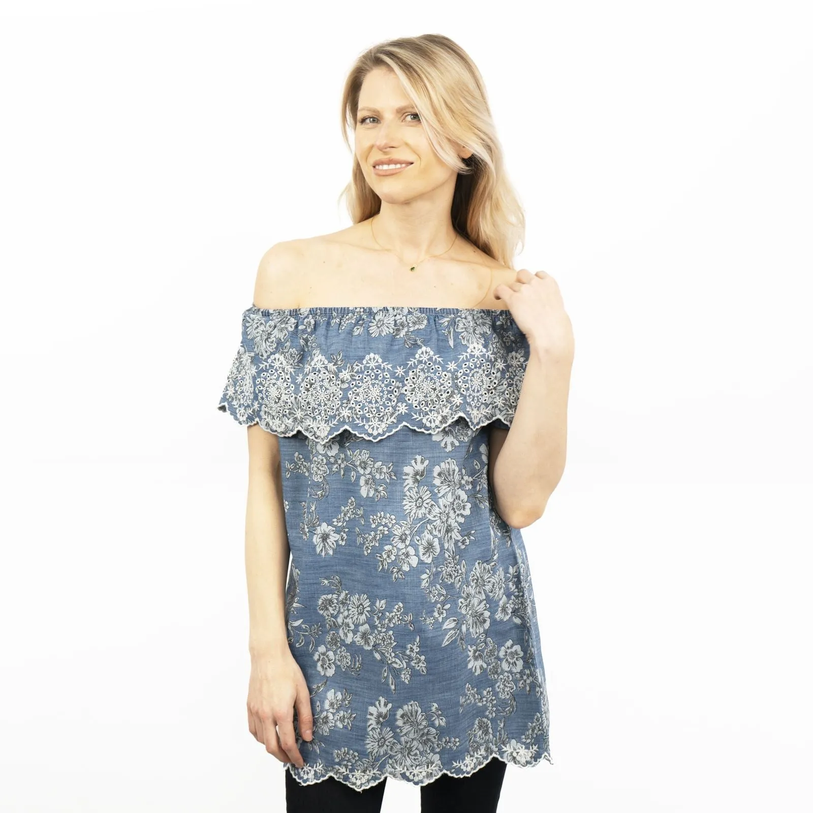 Blue Embroidered Off Shoulder Tunic Longline Women's Tops