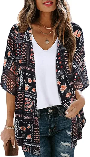 Boho Black Print Women's Floral Print Puff Sleeve Kimono Cardigan Loose Cover Up Casual Blouse Tops - Chicgal