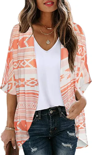 Boho Orange Geometry Women's Floral Print Puff Sleeve Kimono Cardigan Loose Cover Up Casual Blouse Tops - Chicgal