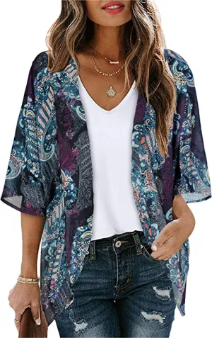 Boho Purple Women's Floral Print Puff Sleeve Kimono Cardigan Loose Cover Up Casual Blouse Tops - Chicgal