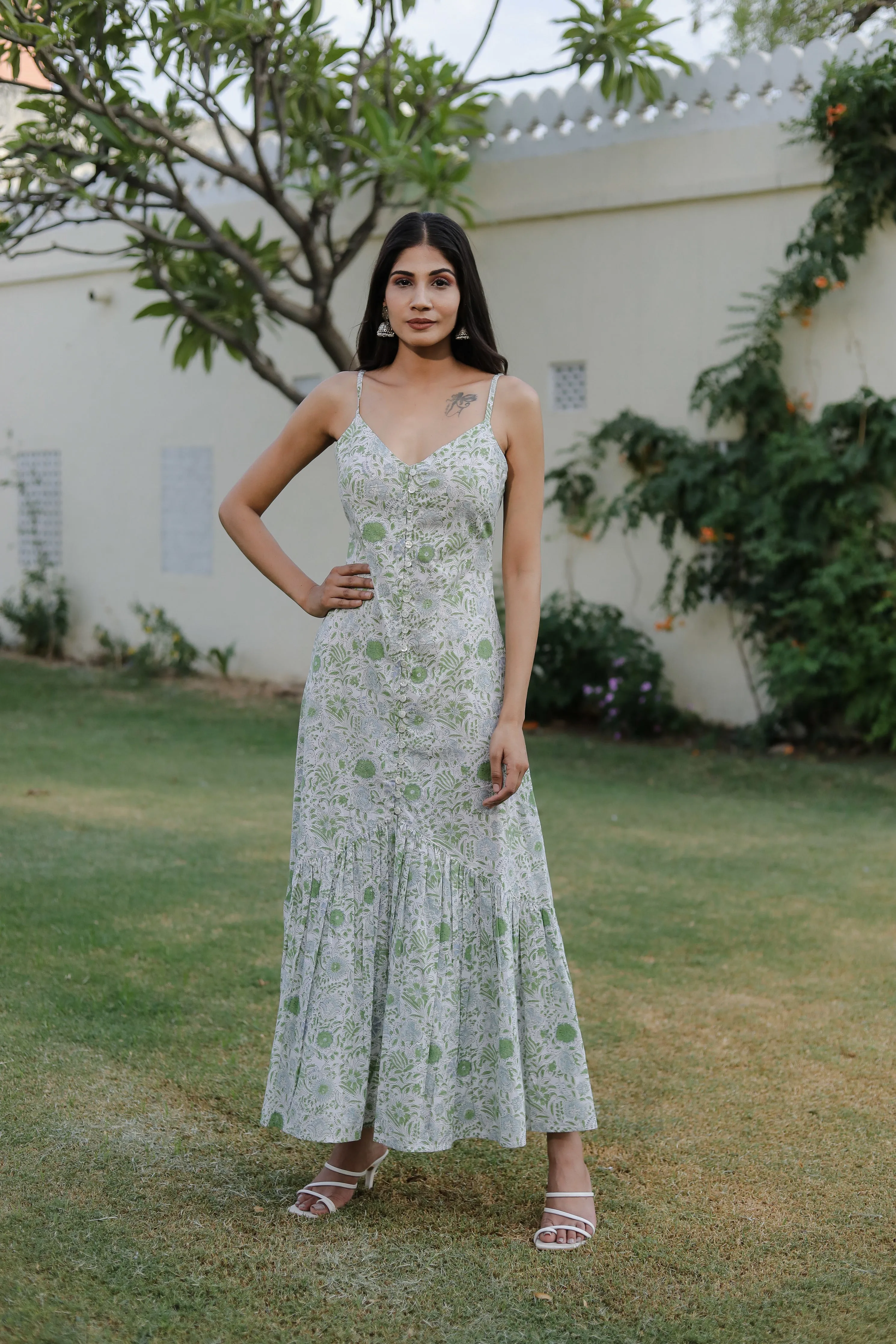 bold look in sage green flowers sleeveless maxi dress