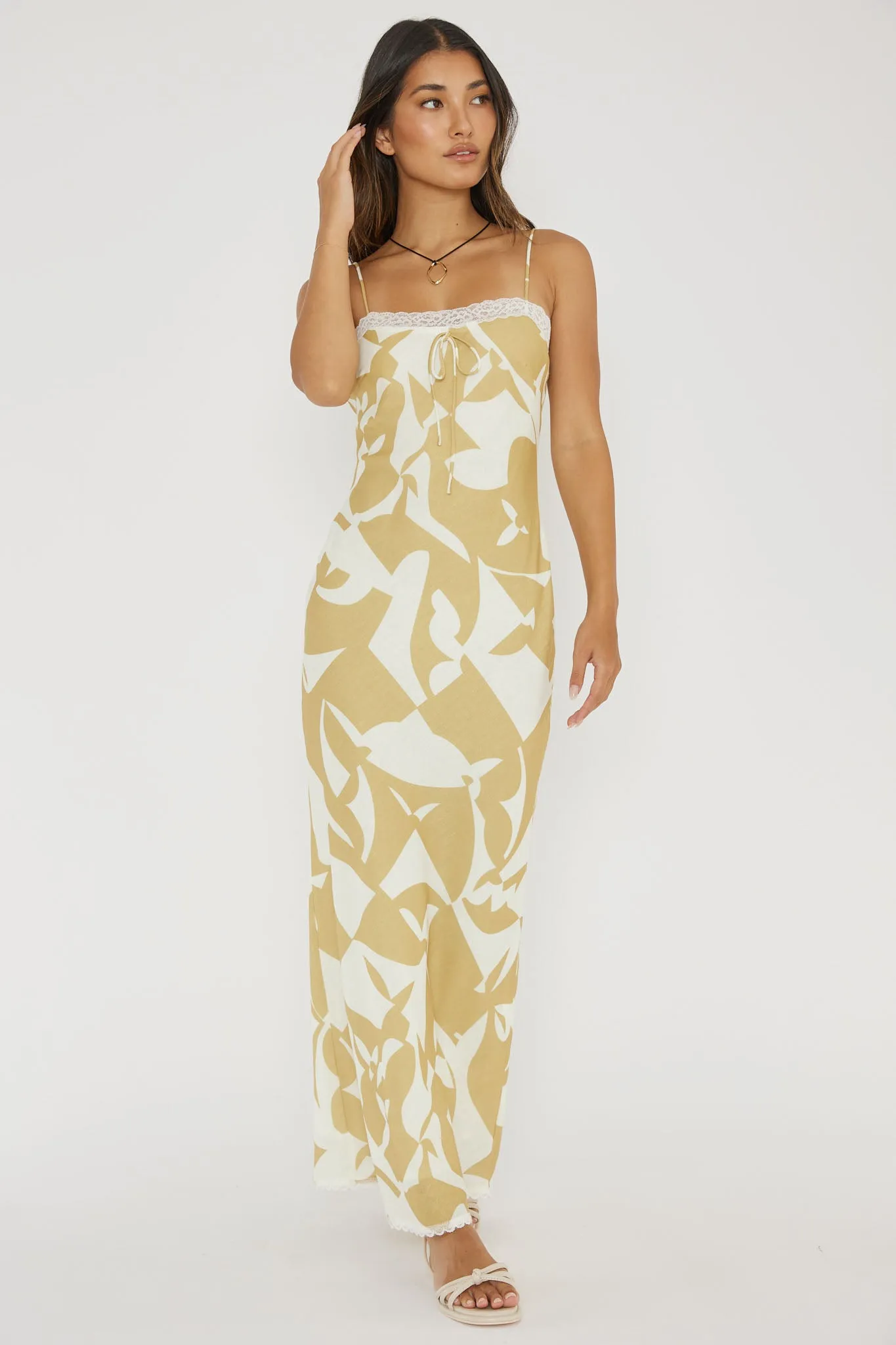 Cali Sunset Lace Trim Maxi Dress Print Yellow