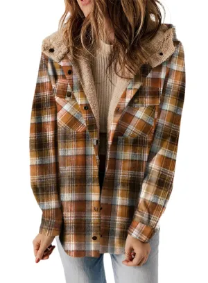 Camel Jacket for Women Plaid Shacket Long Sleeve Button Down  - Dokotoo