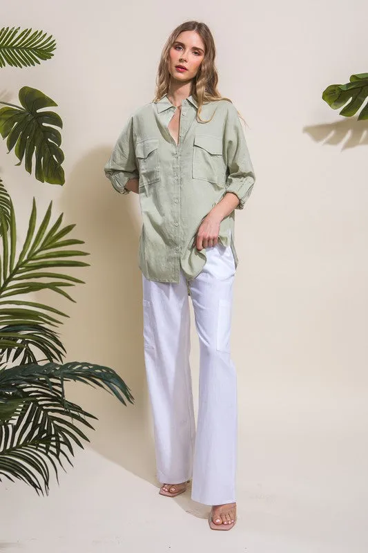 Celery Linen Oversized Double Pocket Button Down Shirt