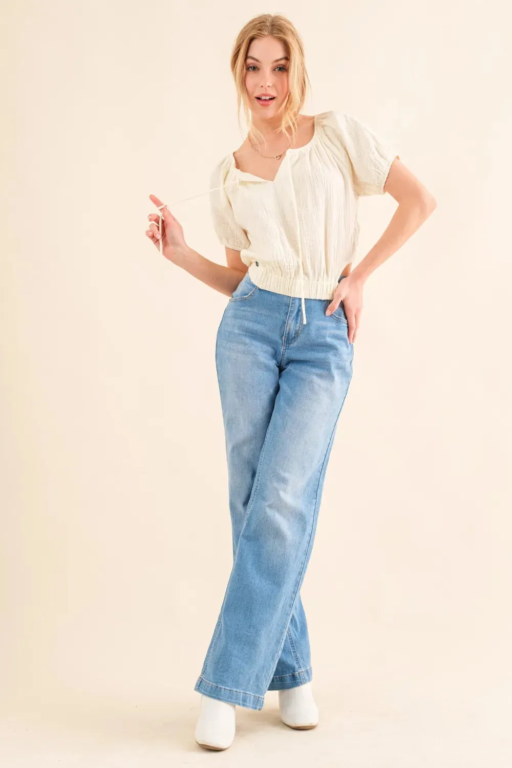 Cotton Gauze Back Waist Tie Cropped Blouse