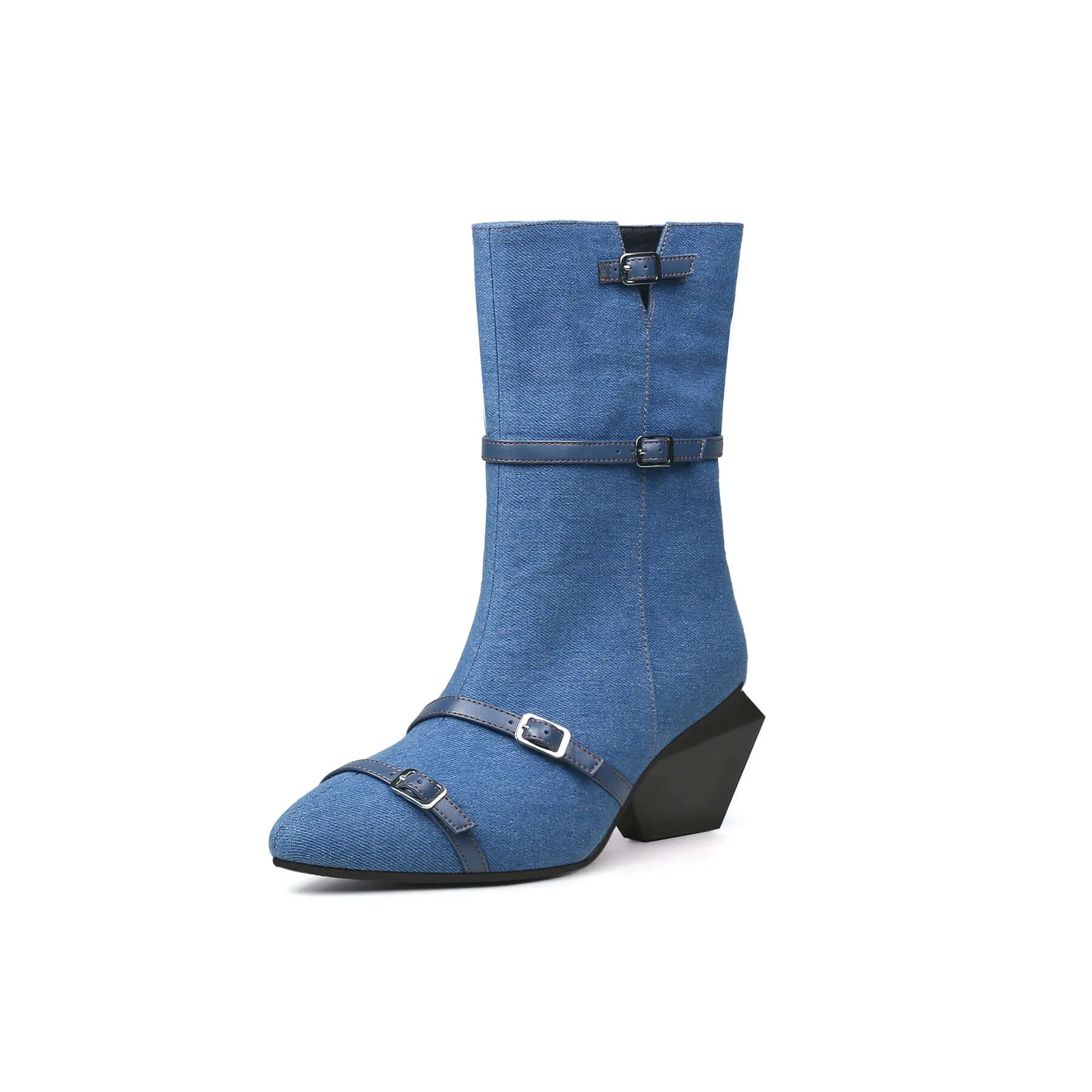 Cross Buckle Straps Denim Blue Mid Thigh Boots