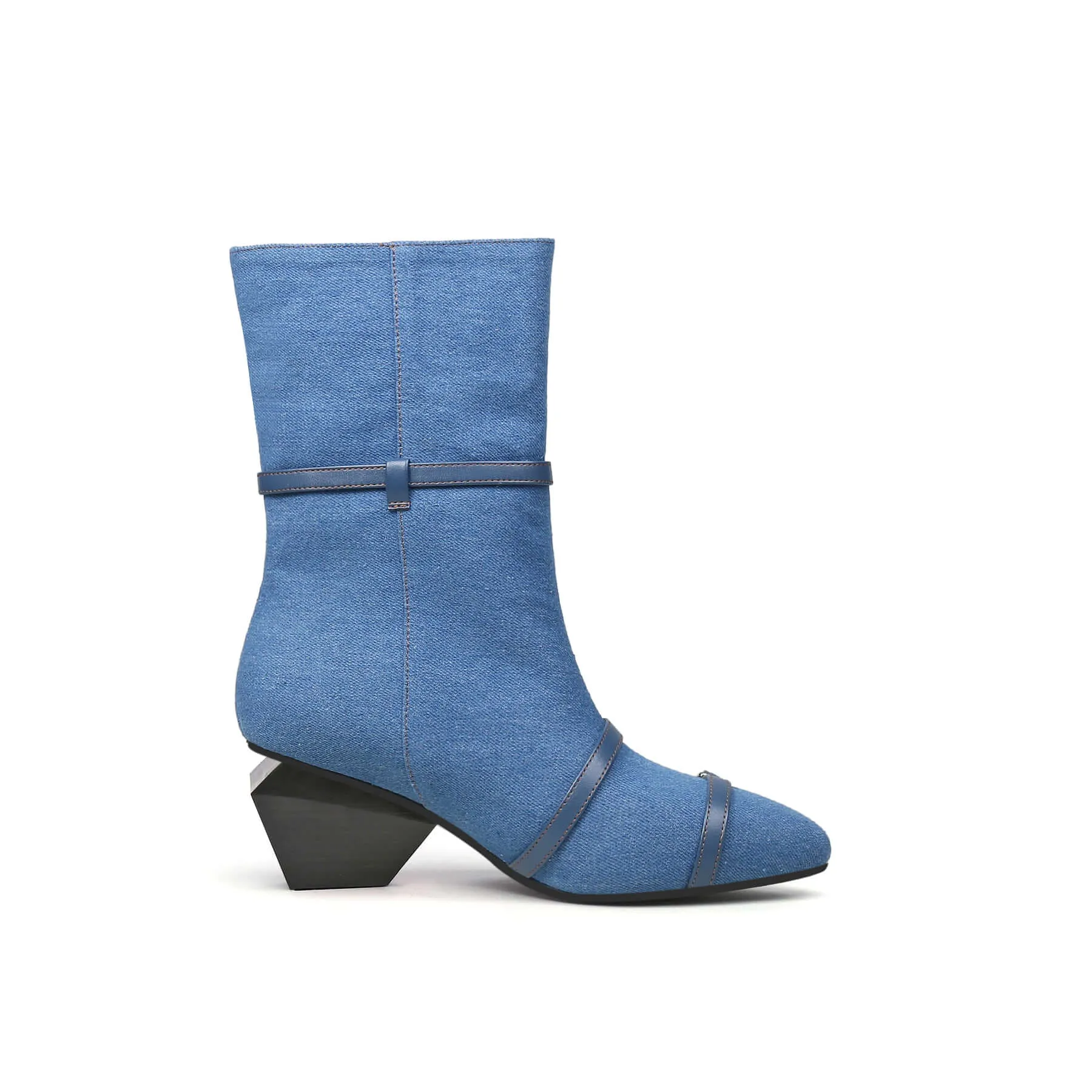 Cross Buckle Straps Denim Blue Mid Thigh Boots