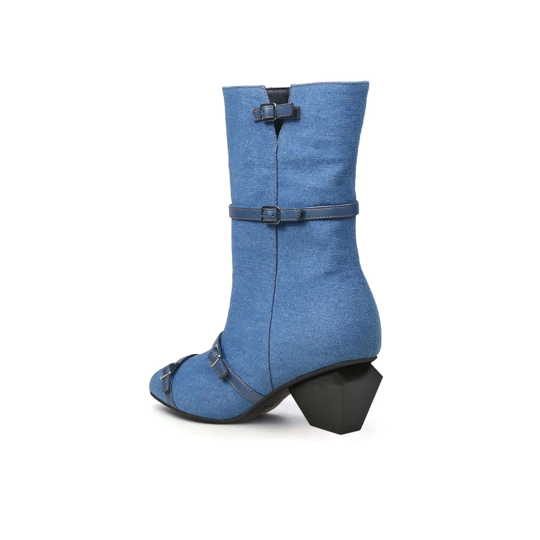 Cross Buckle Straps Denim Blue Mid Thigh Boots