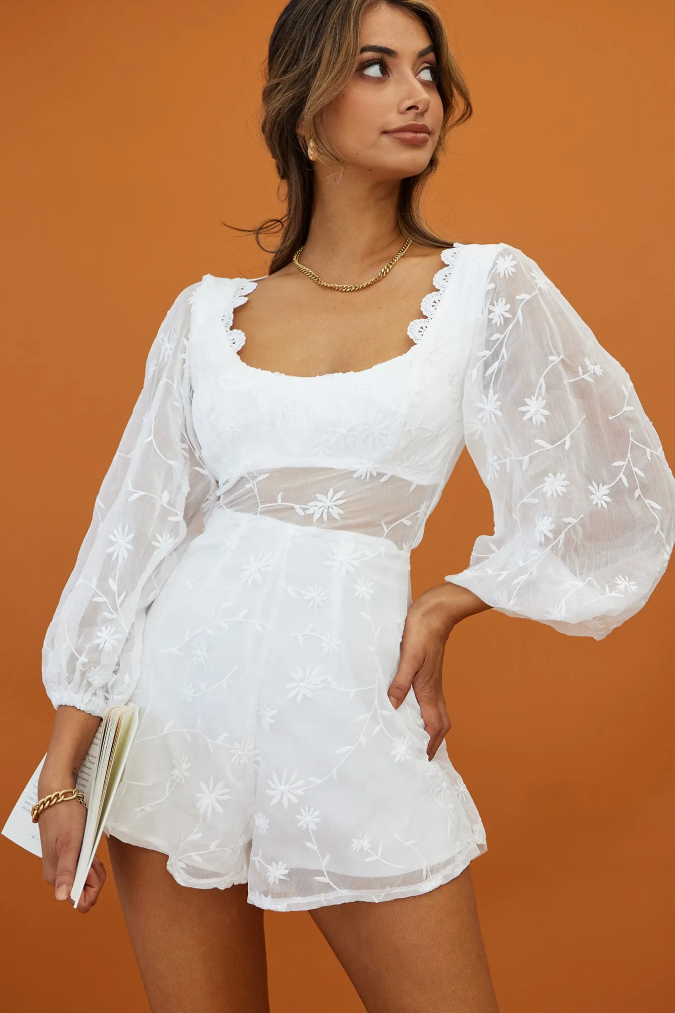 Delphine Balloon Sleeve Open Back Floral Embroidery Romper White