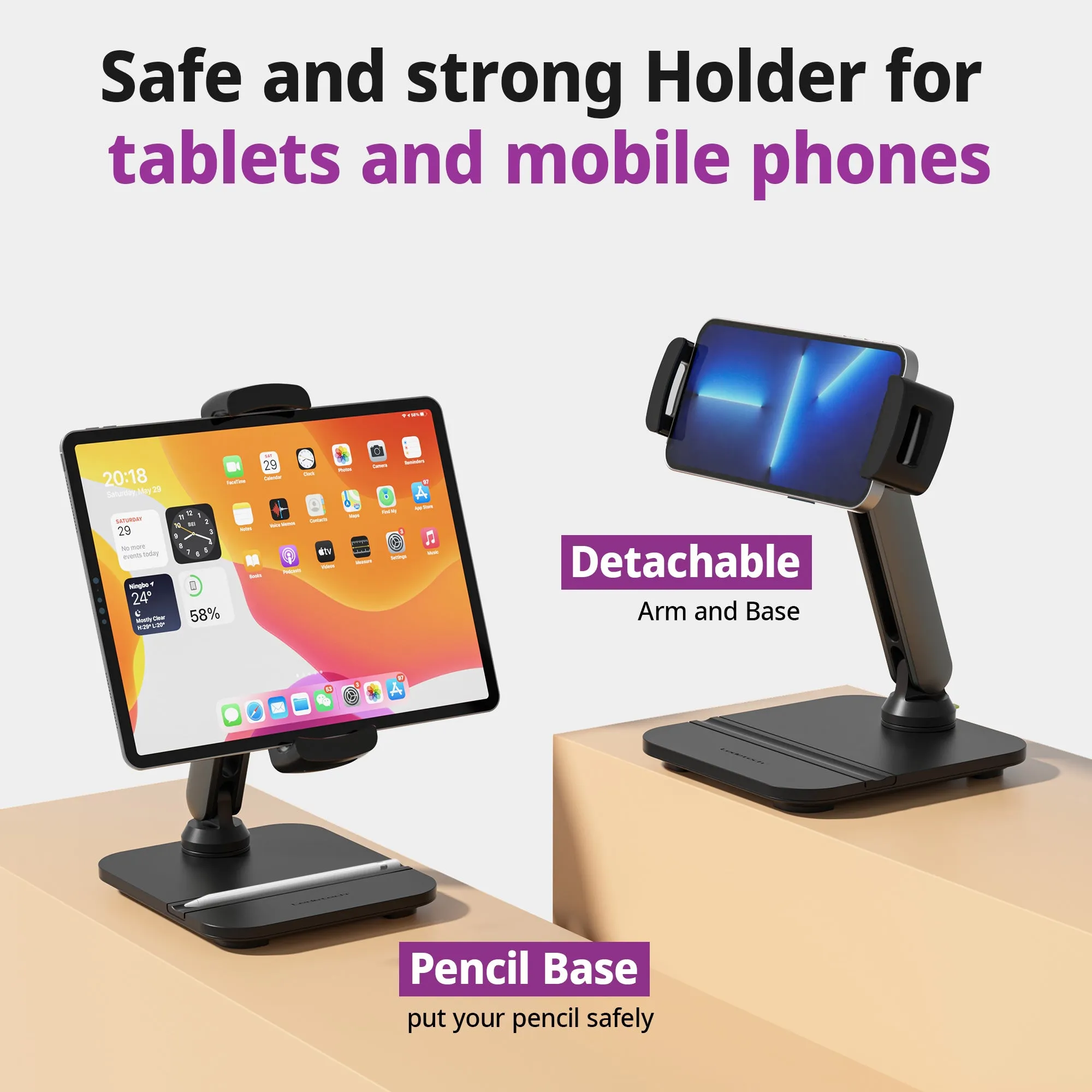 Easy Mount - Detachable Tablet & Cell Phone Holder (Short Arm / Pencil Base)