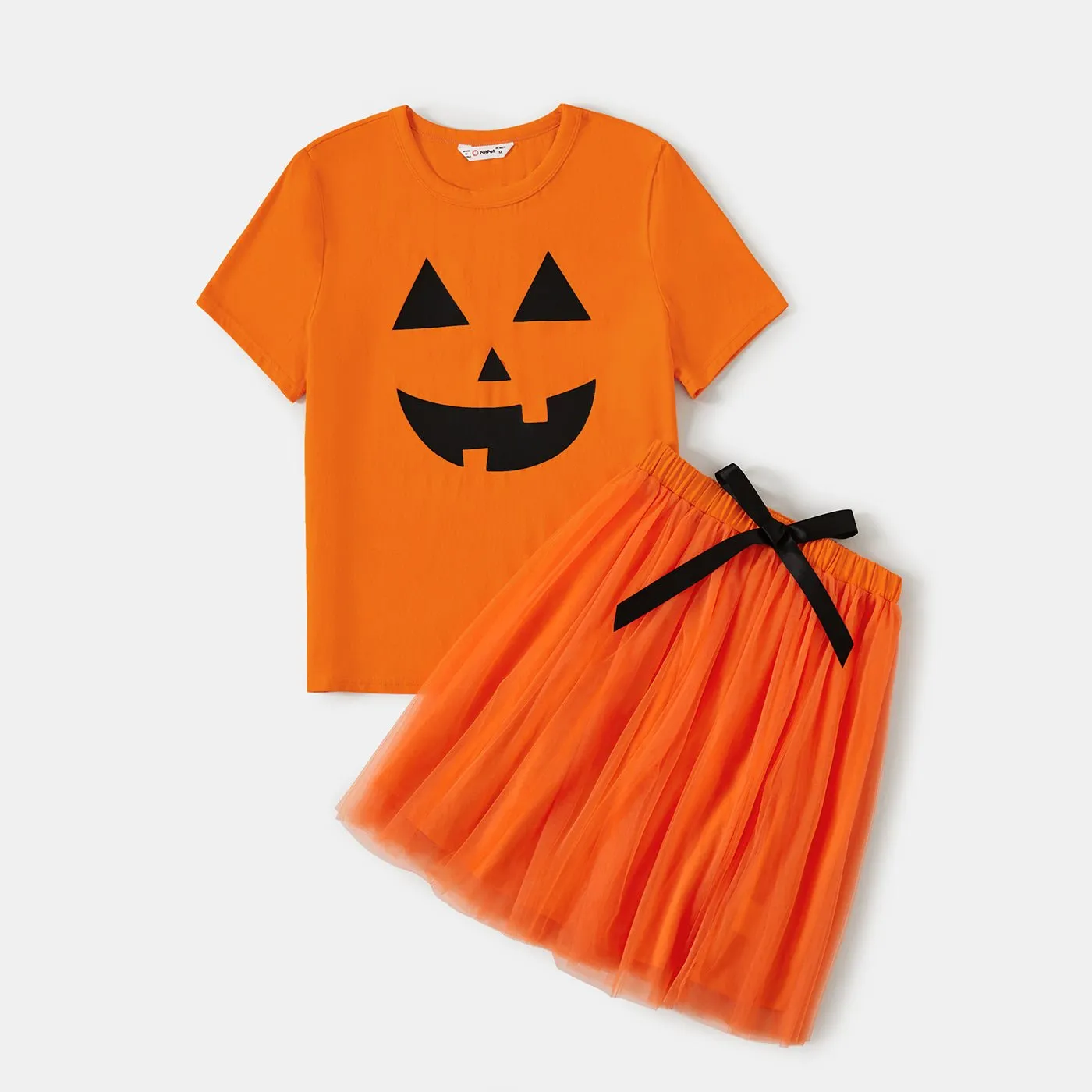 Family Matching Orange Spooky Print Dresses And Tops Sets