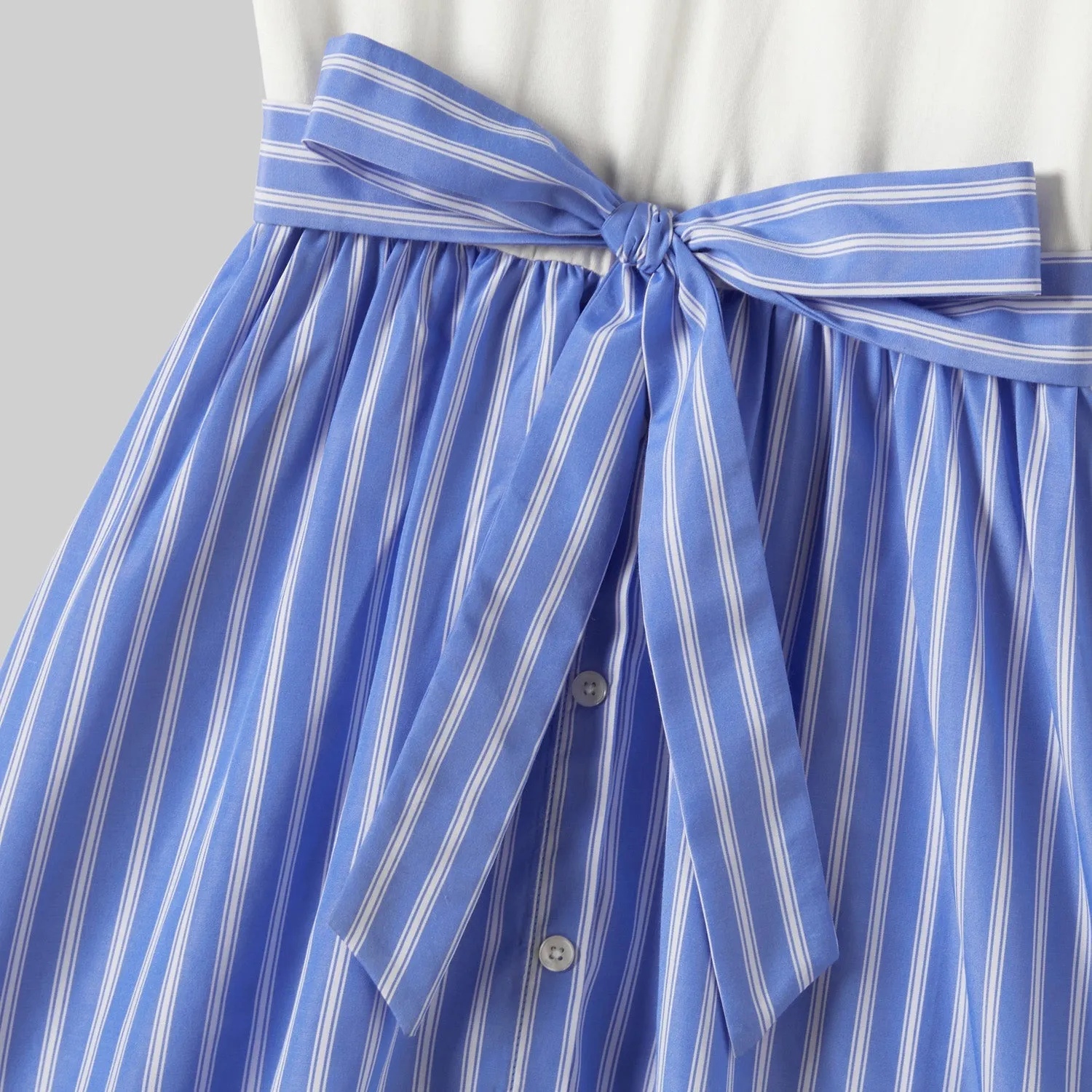 Family Matching Striped Button Belted High Low Hem Dresses and Striped Short Sleeve Tops Sets