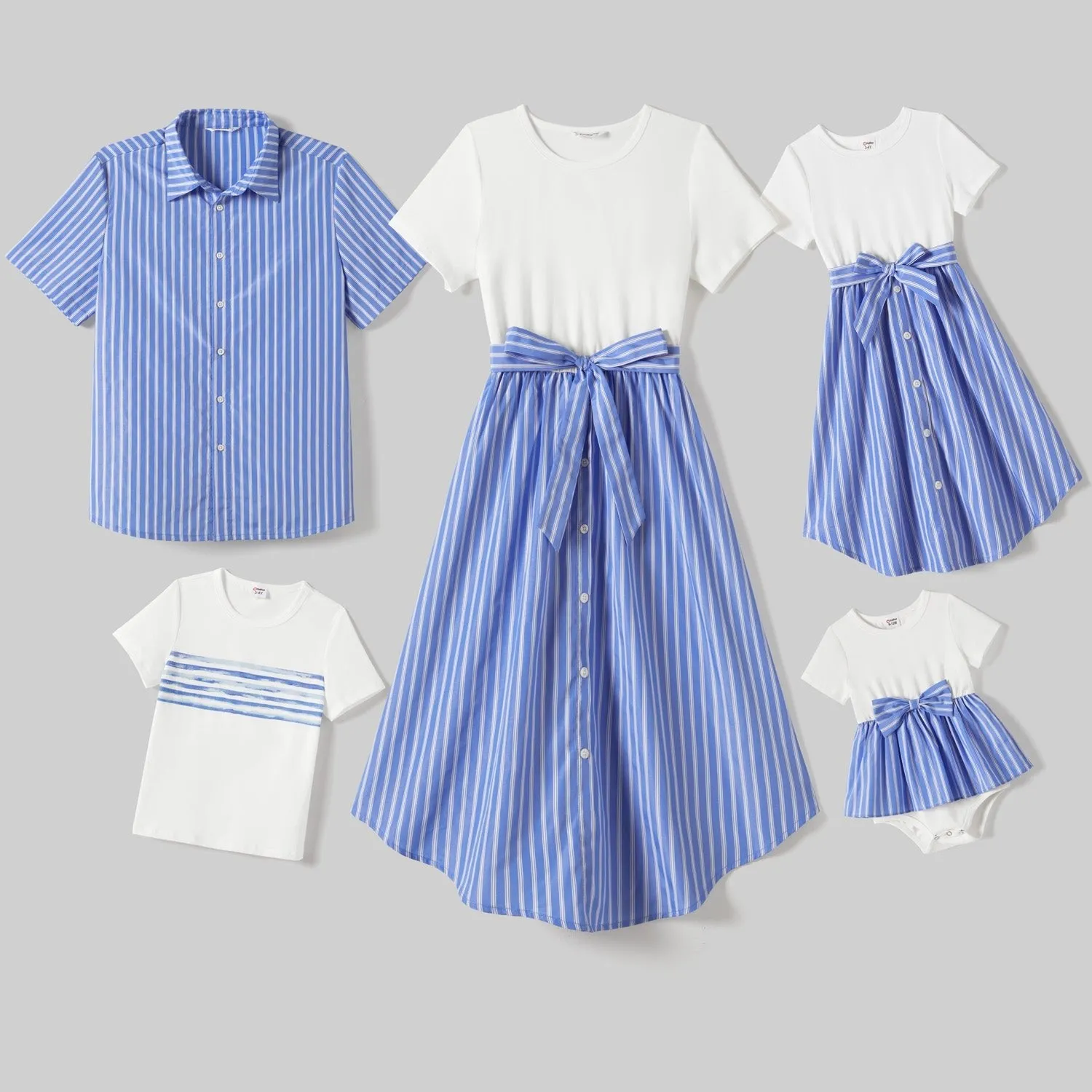 Family Matching Striped Button Belted High Low Hem Dresses and Striped Short Sleeve Tops Sets