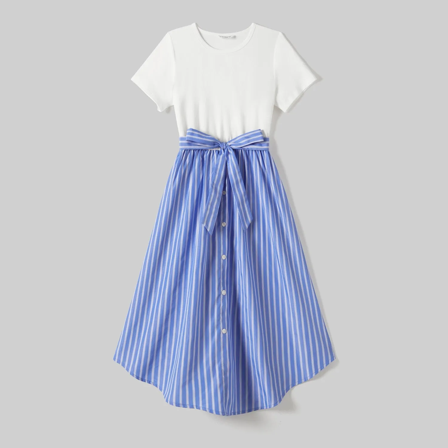 Family Matching Striped Button Belted High Low Hem Dresses and Striped Short Sleeve Tops Sets