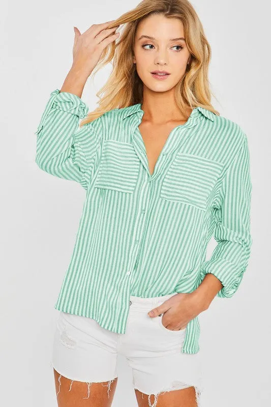 Green Striped Roll Up Sleeve Button Down Blouse Shirts