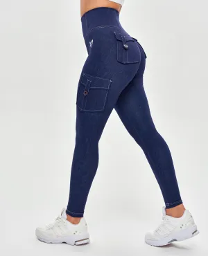 High Waisted Cargo Leggings - Denim Blue