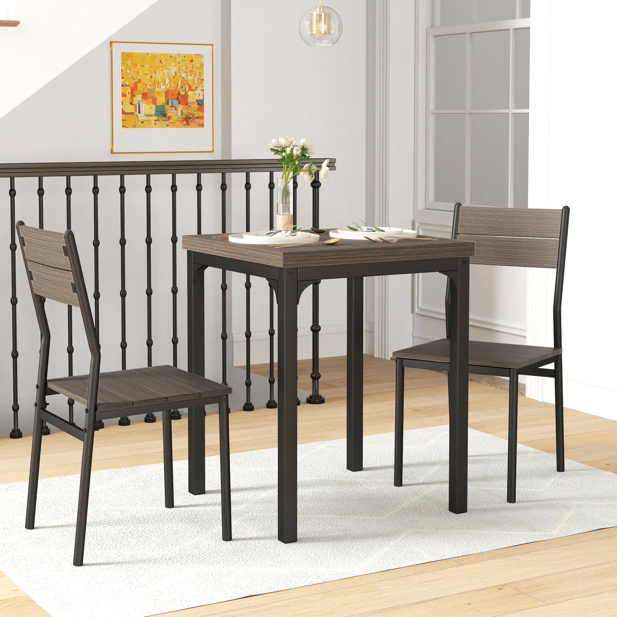 HOMCOM 3 Pcs Compact Dining Table 2 Chairs Set Grey Wood Grain