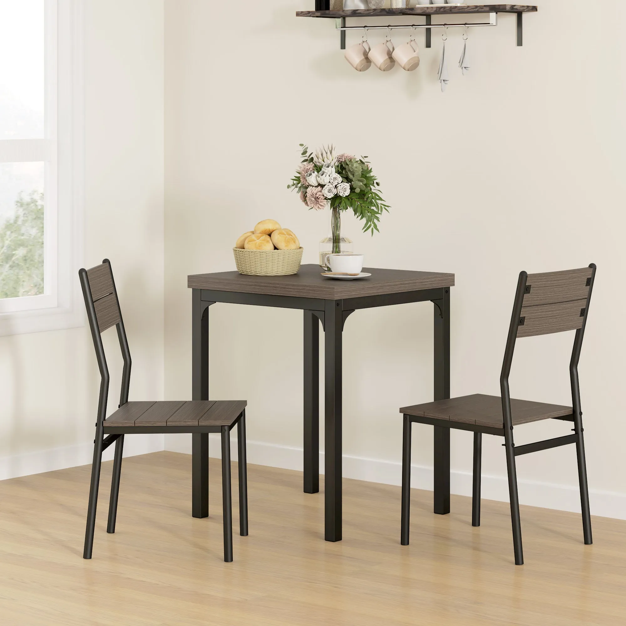 HOMCOM 3 Pcs Compact Dining Table 2 Chairs Set Grey Wood Grain