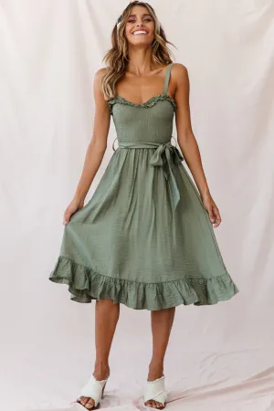 Honey Shirred Frill Midi Dress Olive