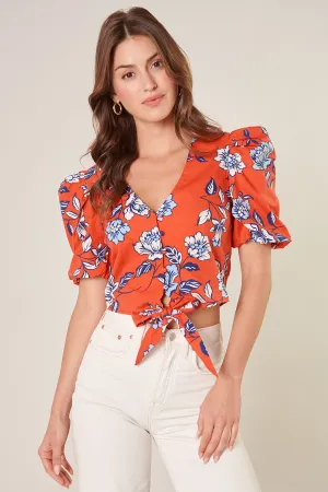 Kyrah Floral Puff Sleeve Tie Front Crop Top