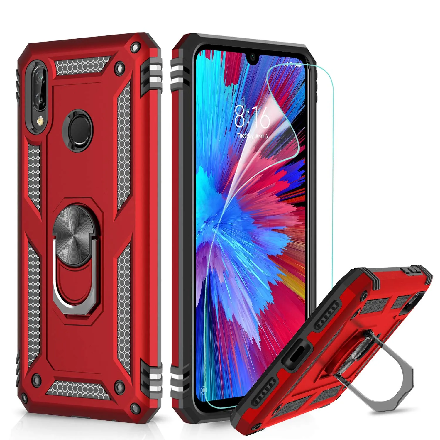 LeYi Xiaomi Redmi Note 7 Case with Ring Holder Kickstand, Full Body Protective Silicone TPU Gel Shockproof Tough Armour Cover with Screen Protector