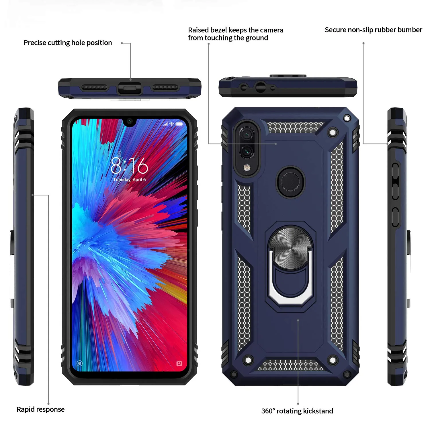 LeYi Xiaomi Redmi Note 7 Case with Ring Holder Kickstand, Full Body Protective Silicone TPU Gel Shockproof Tough Armour Cover with Screen Protector