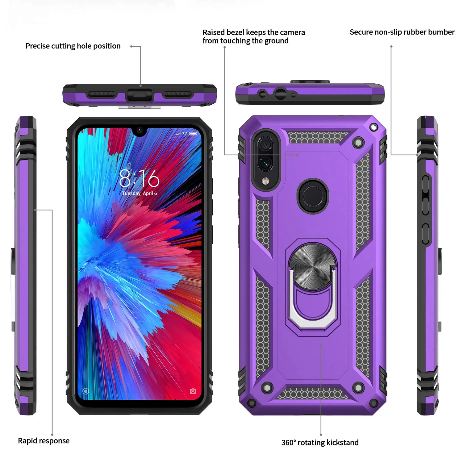 LeYi Xiaomi Redmi Note 7 Case with Ring Holder Kickstand, Full Body Protective Silicone TPU Gel Shockproof Tough Armour Cover with Screen Protector