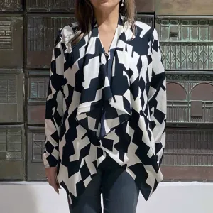 Lightweight Drape Cardigan, Black White Geometric