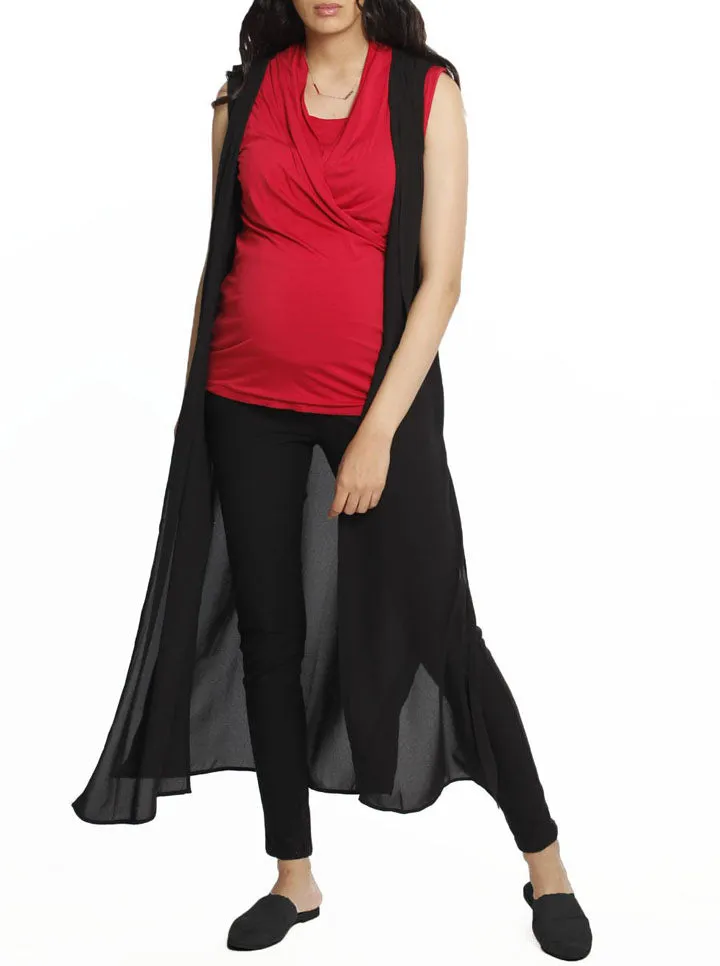 Maternity Chiffon Sleeveless Summer Long Cardigan - BLACK/WHITE