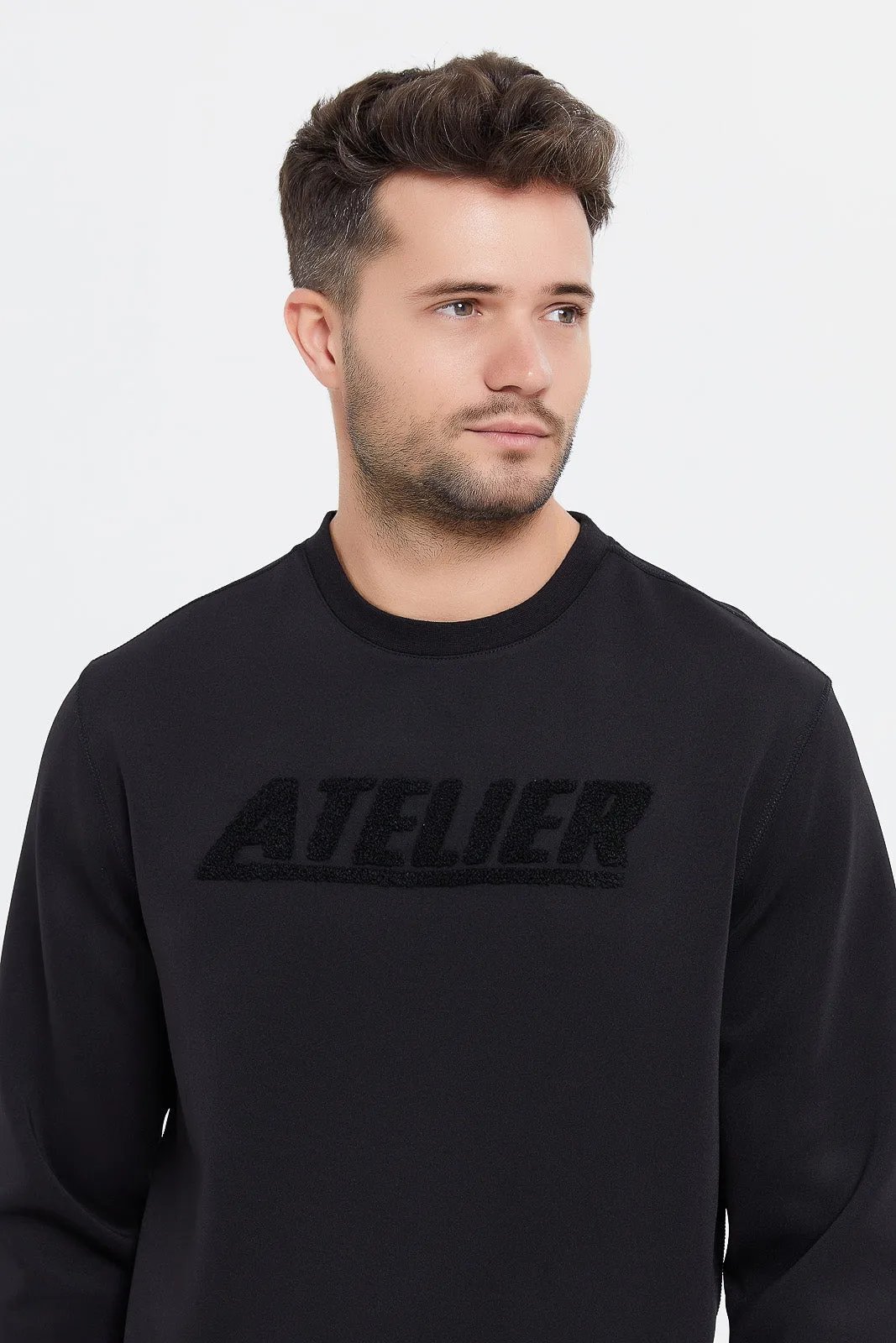 Men Black Sweatshirt With Flock Applique