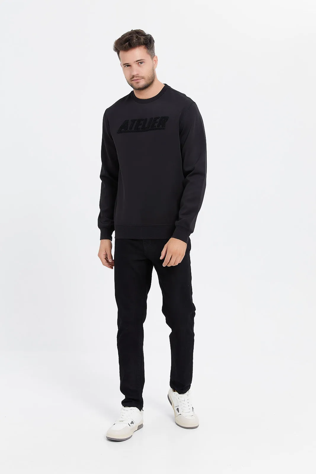 Men Black Sweatshirt With Flock Applique