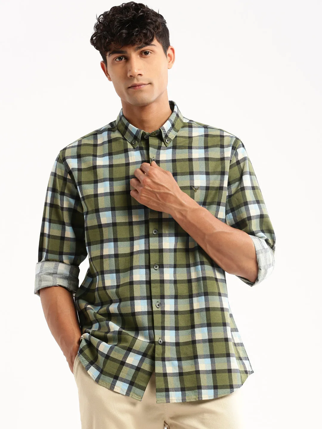 Men Green Spread Collar Tartan Checks Shirt