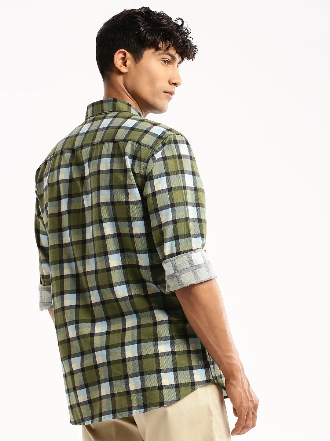 Men Green Spread Collar Tartan Checks Shirt