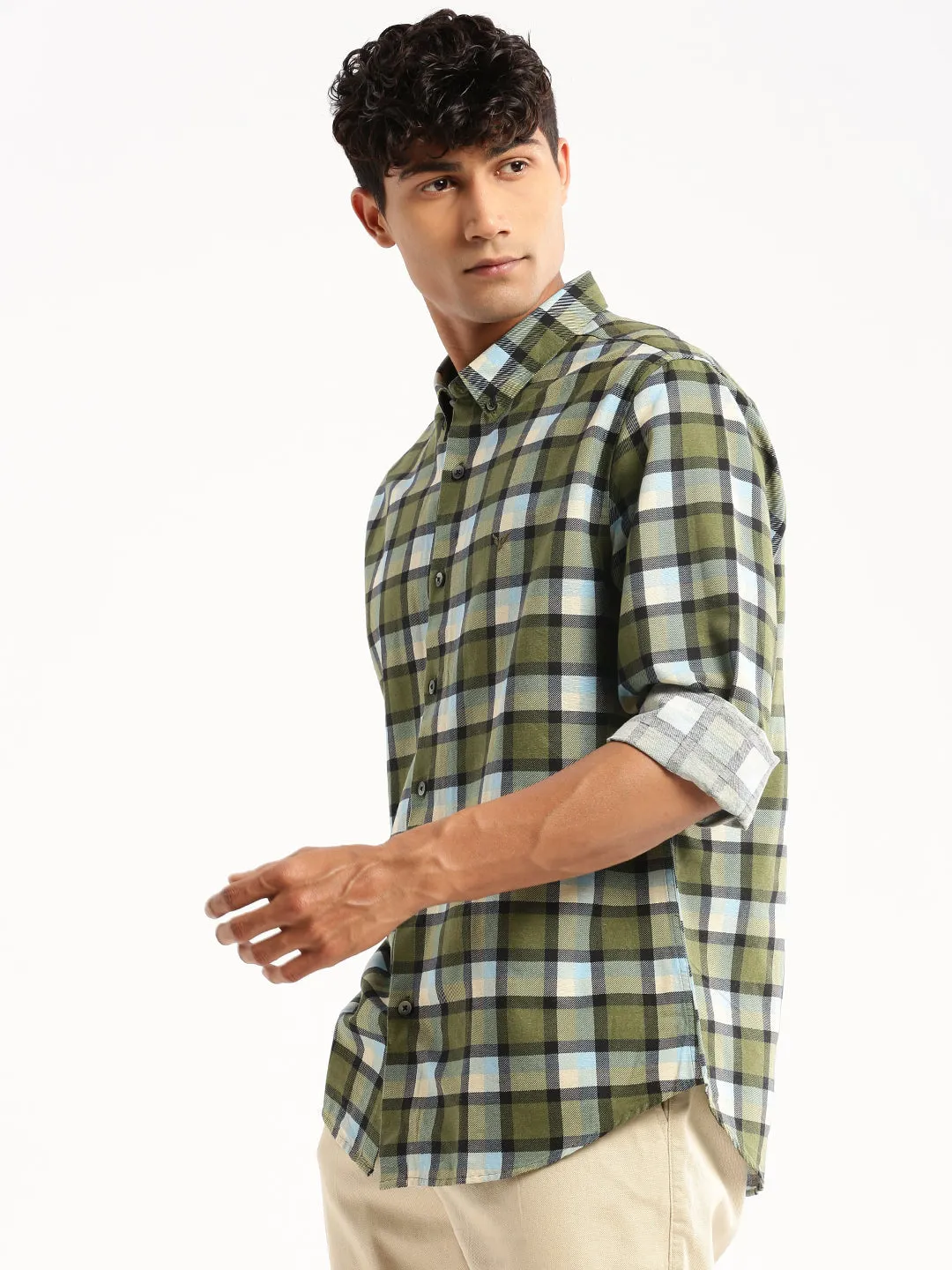 Men Green Spread Collar Tartan Checks Shirt